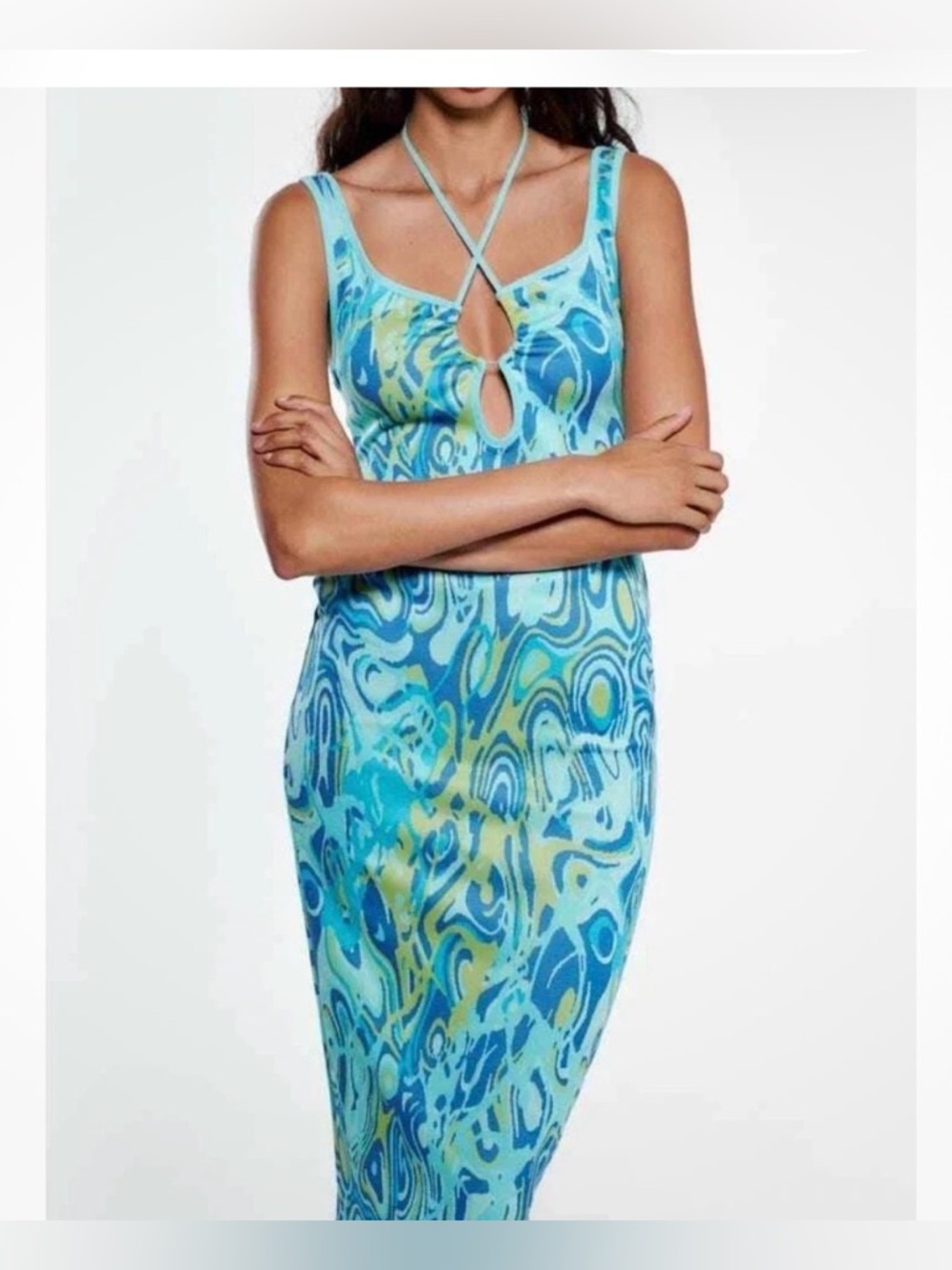 NWT ZARA Jacquard blue midi dress size M - Picture 1 of 9